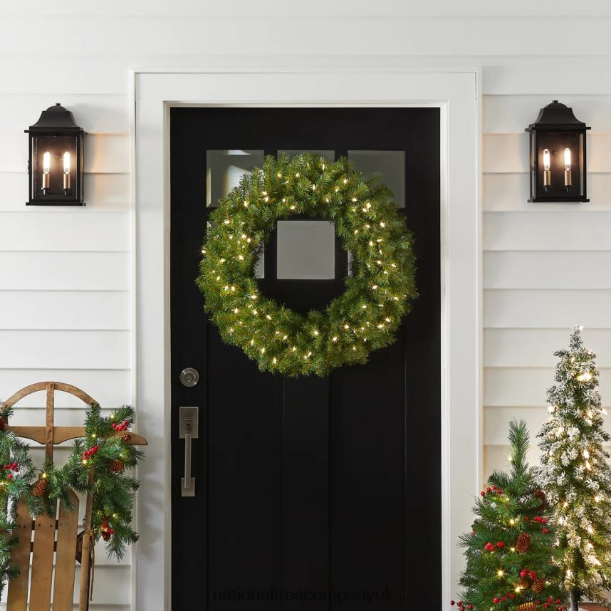 Greenery | National Tree Company Pre-Lit Artificial Christmas Wreath Green Norwood Fir White Lights Christmas Collection 30 Inches F2L4F252